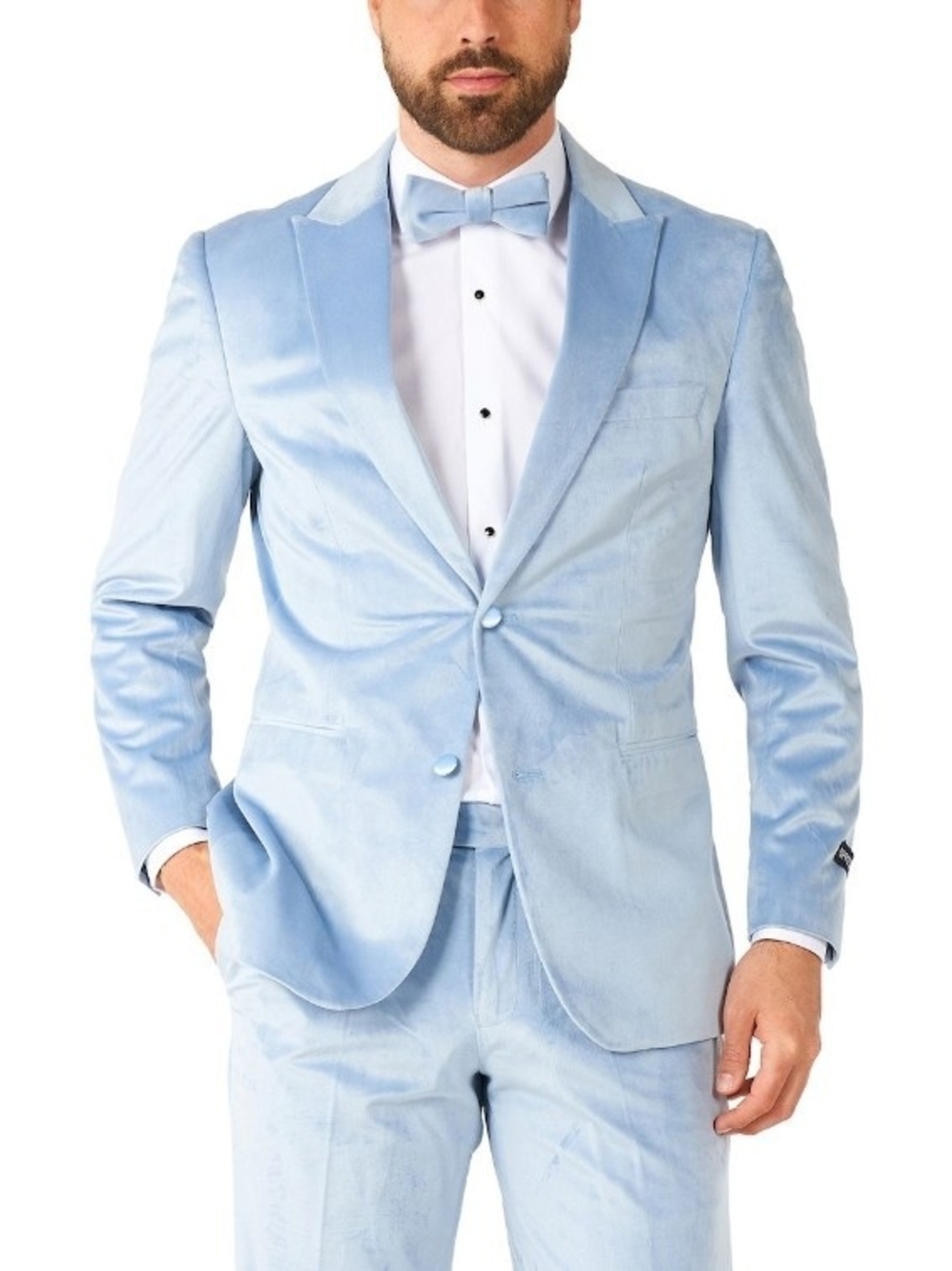OppoSuits Men's Vintage Blue Velvet Tuxedo Suit & Bow Tie Size US 40 Slim Opened